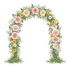 Fototapeta premium Elegant Watercolor Floral Arch Wedding Roses Design Pink Green Event Frame Image Yellow Nature 