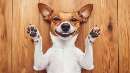 Dog lying on its back with paws in the air, inviting belly rubs