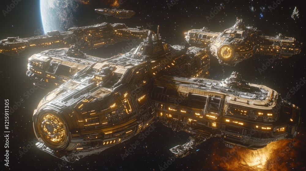 Poster futuristic spaceships orbiting a planet amidst explosions.