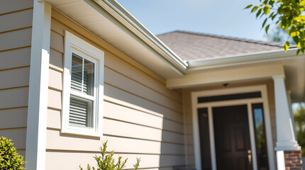 Elegant Home Exterior: Beige Siding, White Trim, and a Classic Design. Discover the beauty of modern architecture in this stunning house photo.