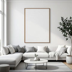 a large white sectional sofa with gray throw pillows, a round coffee table, and a large blank picture frame hanging on the wall above the sofa. Cozy modern living room with photo frame design