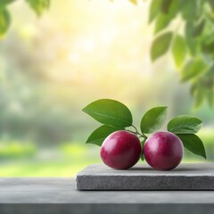 Two Plums on a Branch with Blurred Green Background