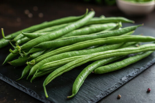Fresh Green Beans on Slate Board with Dark Background and Peppercorns