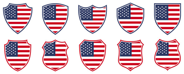 Fototapeta premium set collections USA flag in shield badge icon. USA flag symbol of powerful country. United States of America independence day emblem label sticker design template vector illustration