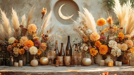 A bohemian Ramadan Kareem background with intricate crescent moons and lantern motifs set against a textured backdrop of woven patterns and floral accents, in shades of ivory, coral, and sage green 