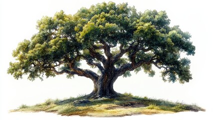 Majestic oak tree with lush green leaves on a serene landscape