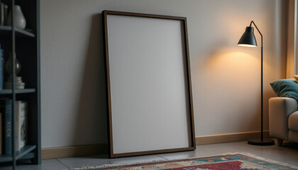 a large, empty picture frame leaning against a wall, with a lamp on a side table next to it. Cozy modern living room with photo frame design