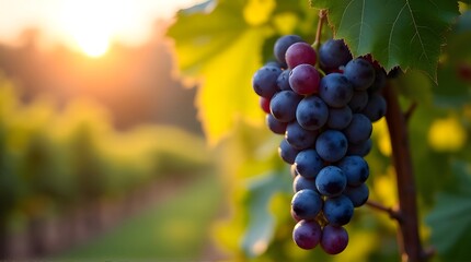 Fototapeta premium Ripe Vineyard Grapes Sunset Glow Lush Green Leaves