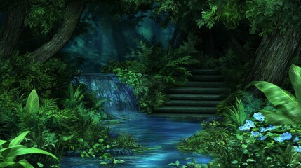 Serene Waterfall Steps Enchanted Forest Scene