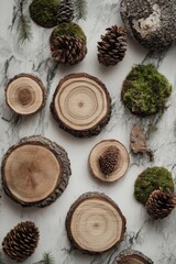 Tree rings arranged in a flat lay with other natural elements like pine cones and moss