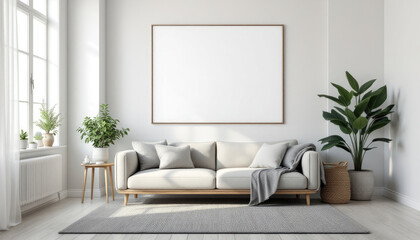 a white sofa with gray pillows, a gray rug, and a large blank picture frame on the wall above it. Cozy modern living room with photo frame design