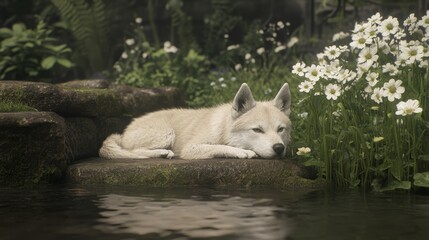 Serene White Wolf Resting by Peaceful Pond and Flowers
