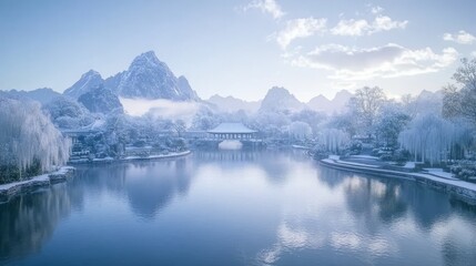 Obraz premium Serene Winter Landscape with Snow Covered Pavilion and Mountains