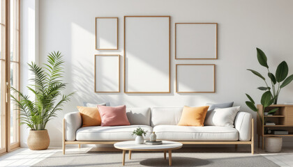 a white sofa with orange and pink throw pillows, a coffee table, and a large window with a plant on the sill. Cozy modern living room with photo frame design