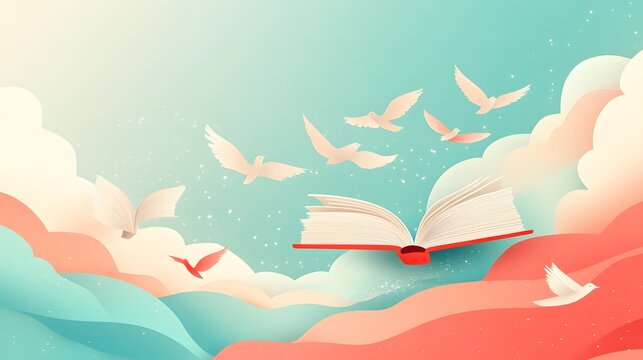 A whimsical flat illustration design for World Poetry Day background depicting flying books with pages turning into birds, set against a dreamy sky with soft gradients of turquoise, coral, and creamy 