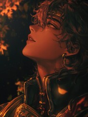 Young Man Gazing Upwards in Golden Attire