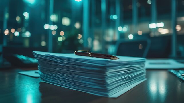 Papers & pen on office desk at night, city lights backdrop