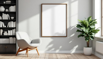 a gray armchair, a white plant, a bookshelf filled with books, and a blank picture frame on the wall. Cozy modern living room with photo frame design