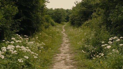 Fototapeta premium Serene Woodland Path with Wildflowers Blooming