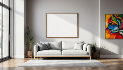 a white sofa with two gray pillows, a large blank picture frame on the wall, and two potted plants. Cozy modern living room with photo frame design