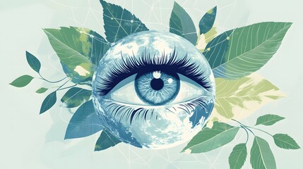 Flat illustration background for World Glaucoma Week depicting a stylized globe with a focus on eyes, framed by leaves and geometric shapes in soothing colors like sky blue, sage green, and light gray