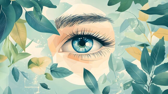 Flat illustration background for World Glaucoma Week depicting a stylized globe with a focus on eyes, framed by leaves and geometric shapes in soothing colors like sky blue, sage green, and light gray - Powered by Adobe