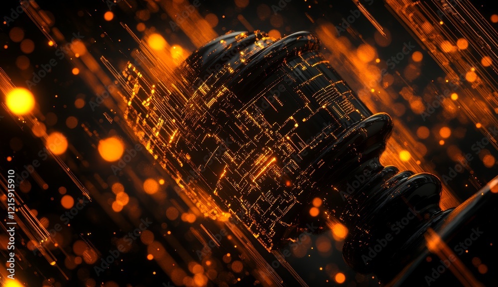 Poster Futuristic metallic sphere with glowing circuitry, abstract background.