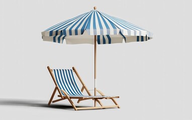 A 3D rendering of a beach umbrella and a blue and white striped deck chair icon, isolated on a transparent background. 