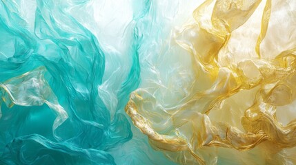 Fototapeta premium Abstract Teal and Gold Sheer Fabric Drape Luxurious Textured Background