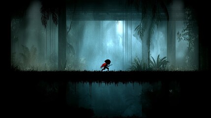 Shadowy Figure Runs Through Misty Jungle Path