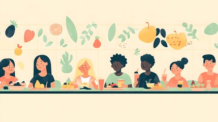 Fototapeta premium Flat illustration background for International School Meals Day featuring a cheerful cafeteria scene with diverse students enjoying balanced meals on trays, vibrant fruits, and vegetables in pastel to