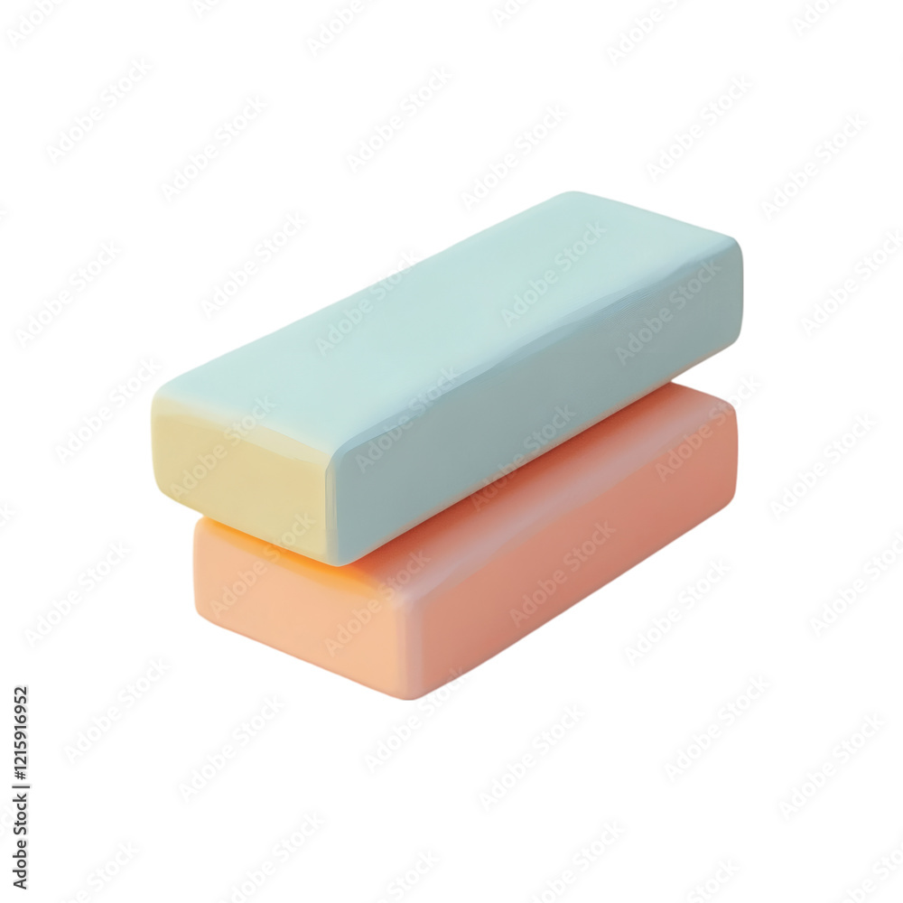 Poster Eraser in clay-rendered style, with smooth edges, simple rectangular form, and soft pastel hues, placed on a white background with enough surrounding space.