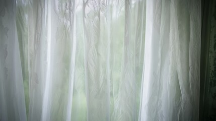 Sheer White Curtains Draped Over Window Showing Greenery