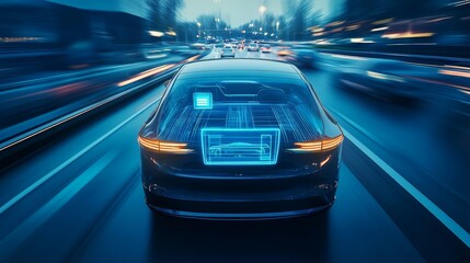 A sleek, modern car with a digital interface drives through a cityscape, showcasing technological innovation and urban mobility.