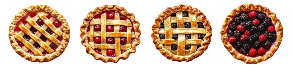 Set of round berry pie isolated on transparent background. Strawberry, raspberry, blackberry, cherry, blueberry. Top view.