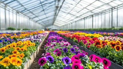 A flower plantation under greenhouse glass panels, with vibrant blooms thriving in rows, representing sustainable flower production.