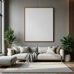 a large white couch with gray throw pillows, a gray rug, and two potted plants. Cozy modern living room with photo frame design