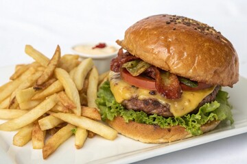 Delicious burger and french potato fries, cut out