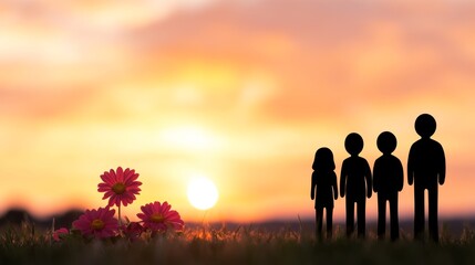 Fototapeta premium Silhouette Family Sunset Hopeful Flowers