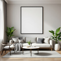 a gray sofa with a gray throw blanket, a white coffee table, and a wooden chair. Cozy modern living room with photo frame design