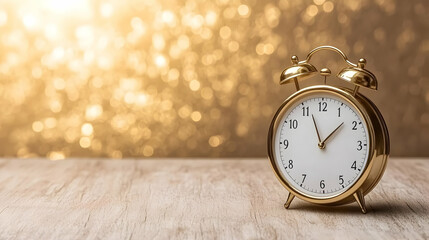 Golden Alarm Clock on Wood Illustration