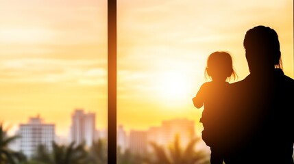Silhouette of Mother and Child at Sunset Cityscape