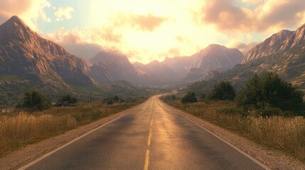 Naklejka premium A long, straight highway leading to distant green mountains, the sky ablaze with warm sunset hues and soft clouds.
