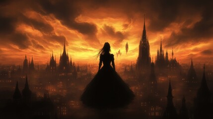 Obraz premium Silhouette Woman Gothic City Inferno Sunset