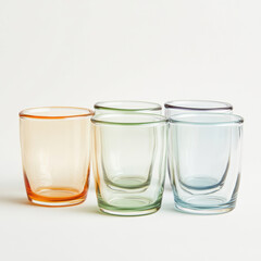 Colorful set of empty glass cups on white background showcasing vibrant transparent hues
