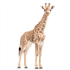 Fototapeta premium Cute baby giraffe standing on a white background, isolated portrait of a young animal exploring