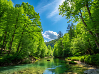 Fototapeta premium Serene River Winding Through Forest. a beautiful nature for travel and tourism.