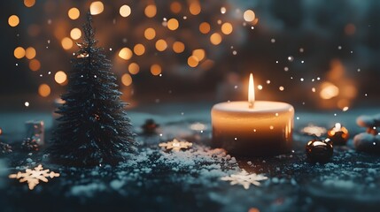 A lit candle glows warmly beside a miniature snow-dusted Christmas tree, surrounded by festive ornaments and snowflakes.  Bokeh lights create a magical, cozy atmosphere.