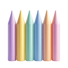 Crayons in 3D clay-rendered style, featuring smooth forms, soft pastel colors, and a minimalist aesthetic, isolated on a white background.