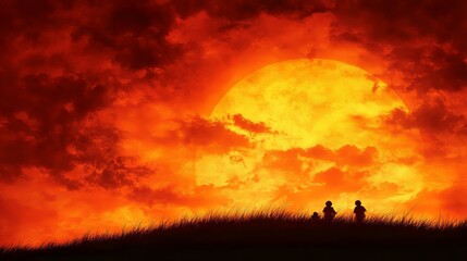 Silhouetted Children Watching Fiery Sunset Landscape